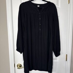 Black Peasant Tunic Dress with Embroidered Details - Size L - Boho Minimalist